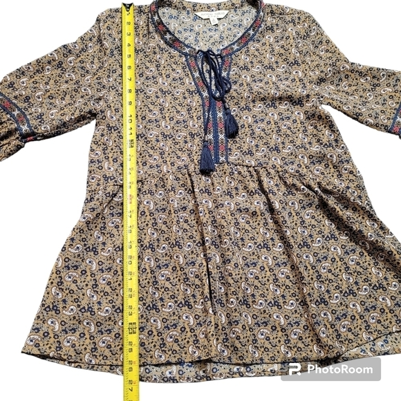 Alchemy Thread Tan And Blue Paisley Boho Babydoll Tassel Tie Peasant Blouse Top - Picture 8 of 10